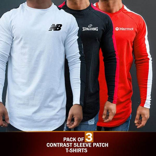 PACK OF 3 CONTRAST SLEEVE PATCH T-SHIRTS - Dubai Offers Today