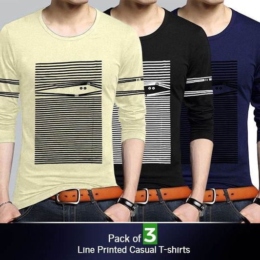 PACK OF 3 LINE PRINTED CASUAL T-SHIRTS - Dubai Offers Today