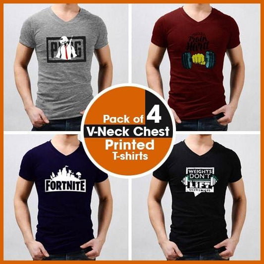 PACK OF 4 V-NECK CHEST PRINTED T-SHIRTS - Dubai Offers Today