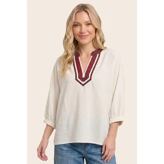 Plaid Accent Dolman Sleeve Woven Top