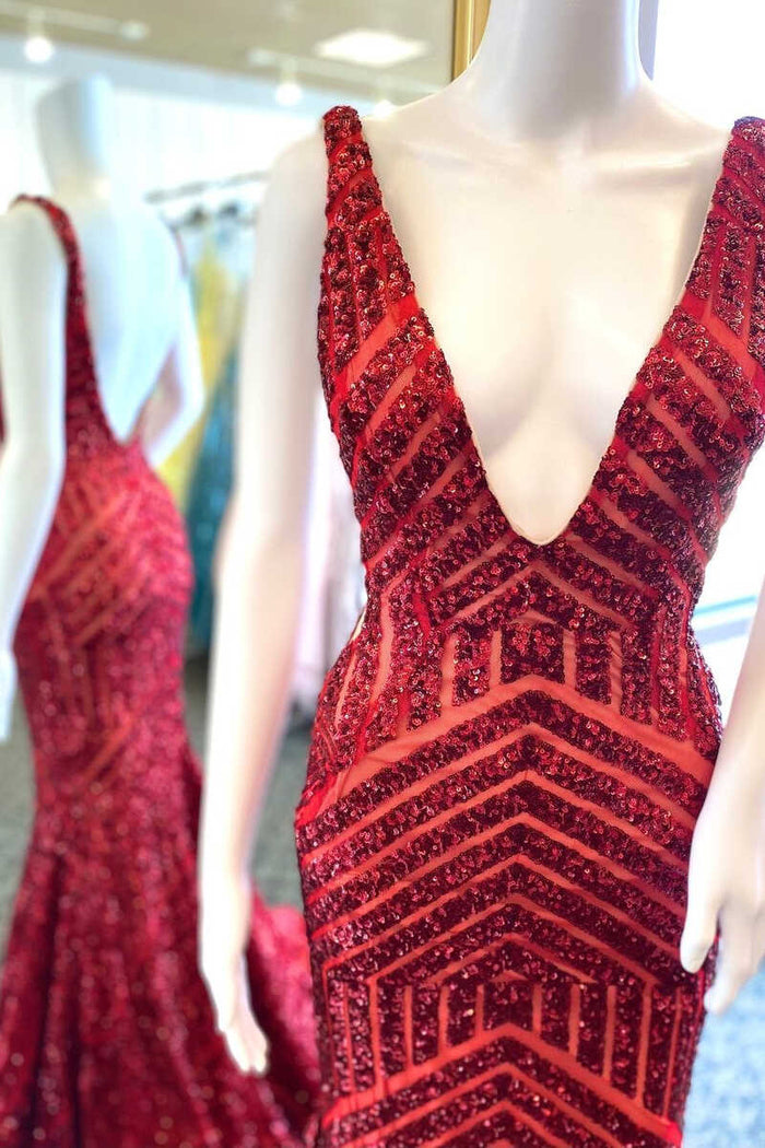 Plunging V-Neck  Sequins Sleeveless Mermaid Long Evening Prom Dress