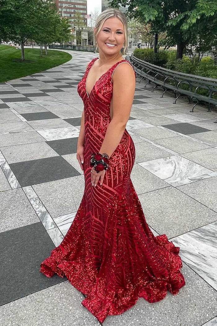 Plunging V-Neck  Sequins Sleeveless Mermaid Long Evening Prom Dress