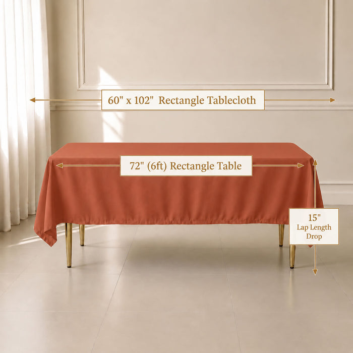 Terracotta rectangle tablecloth for 6ft table, wrinkle-resistant finish.