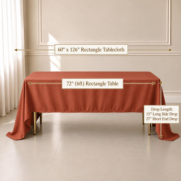 Terracotta rectangle tablecloth, 60"x126", durable and wrinkle-resistant.