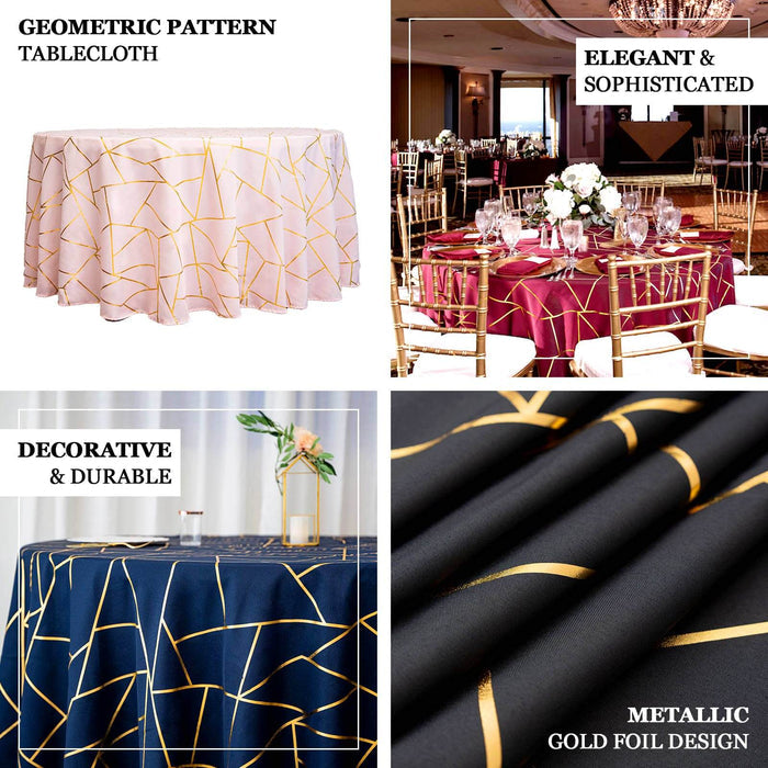 Geometric pattern tablecloth with metallic gold foil design for elegant decor.