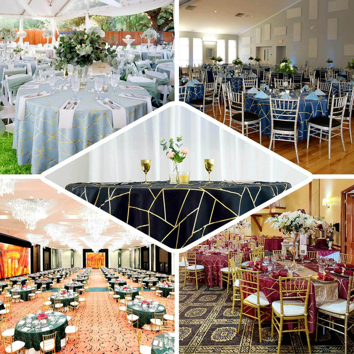 Elegant table settings with decorative tablecloths in various styles and colors.