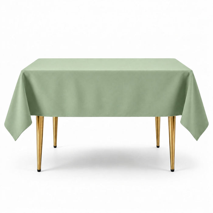 Sage green polyester table overlay 70"x70" for wrinkle-resistant table decoration.