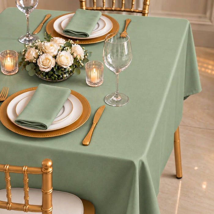 Sage green wrinkle-resistant table overlay on a dining table setting.