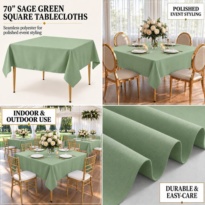 Sage green wrinkle-resistant square table overlay for events.