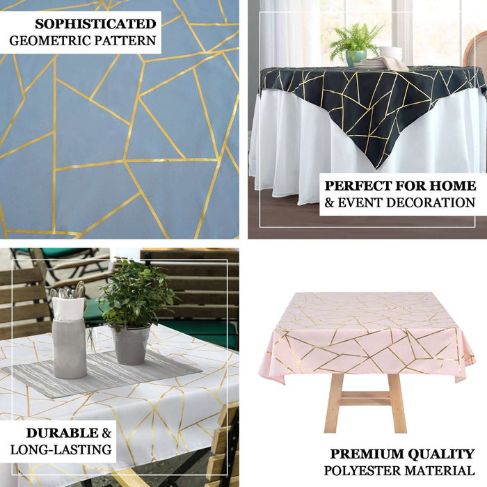 Geometric patterned tablecloths in various settings for home and event decoration.