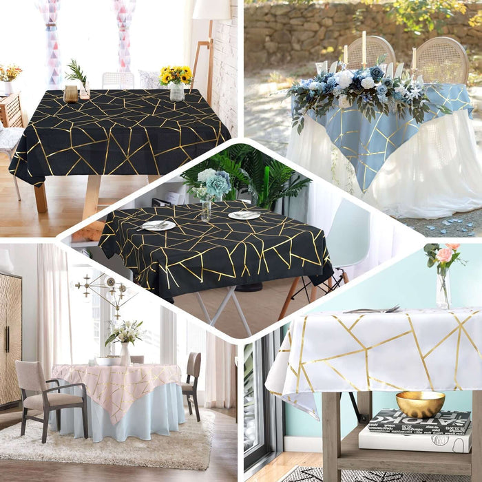 Stylish tablecloths with geometric gold designs in various settings.
