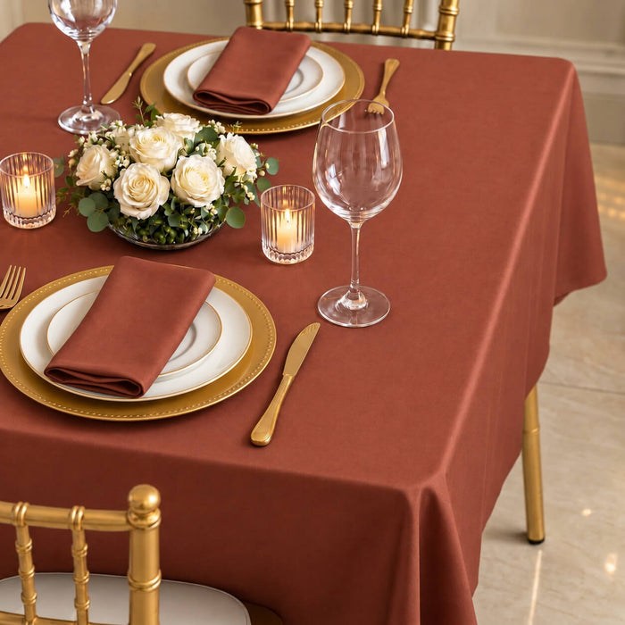 Terracotta square tablecloth on a dining table setting with elegant decor.