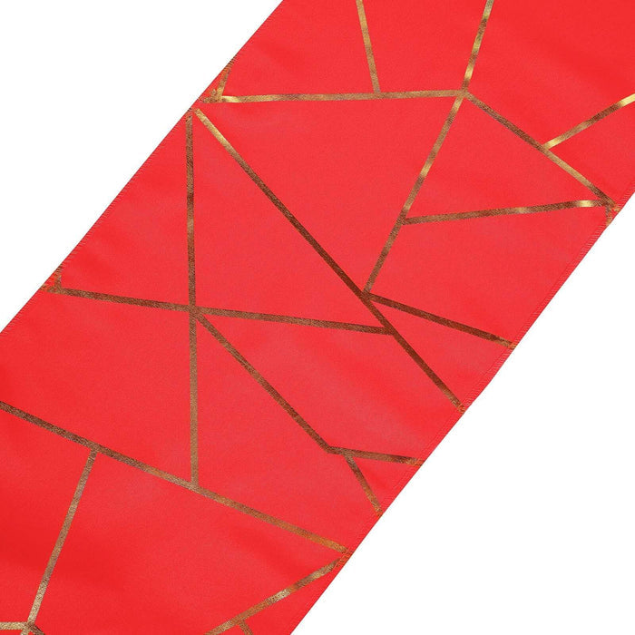 Red table runner with gold geometric pattern