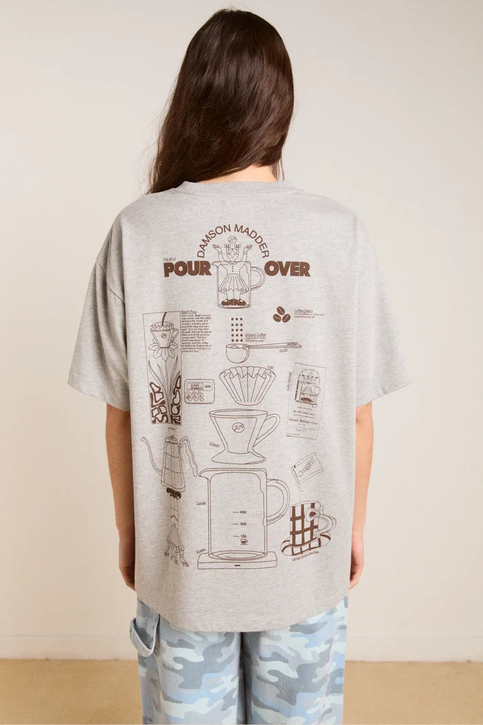 Person wearing a t-shirt with a coffee brewing diagram on the back against a plain background