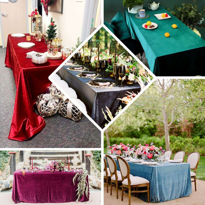 Assorted velvet tablecloths in various colors for elegant dining settings.