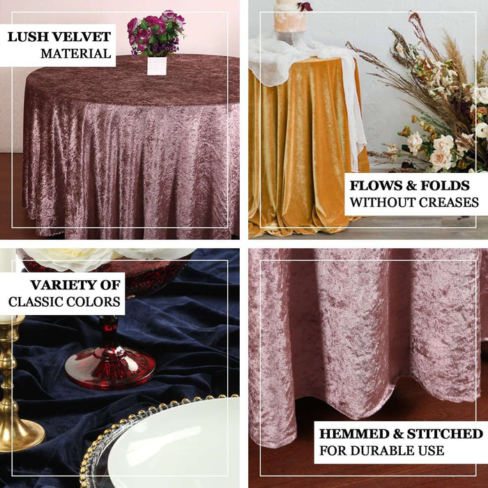 Lush velvet tablecloth in various classic colors with hemmed edges for durability.