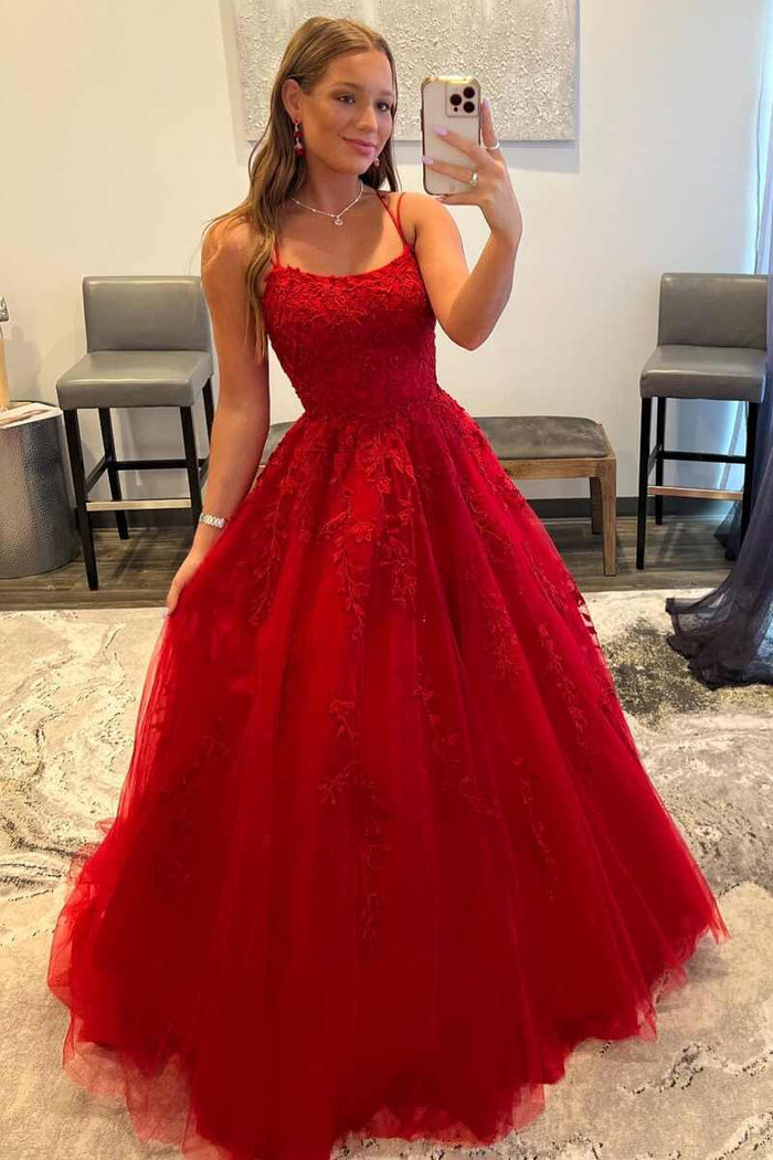 Princess Scoop Neck Lace Appliques A-line Empire-Waist Long Formal Dress