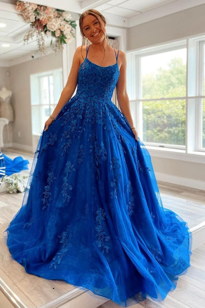 Princess Scoop Neck Lace Appliques A-line Empire-Waist Long Formal Dress