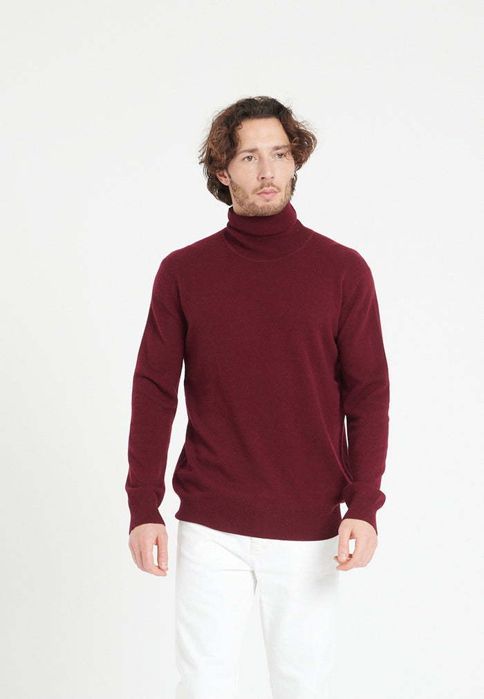 Pull col roulé homme en cachemire rouge bordeaux - LUKE 3