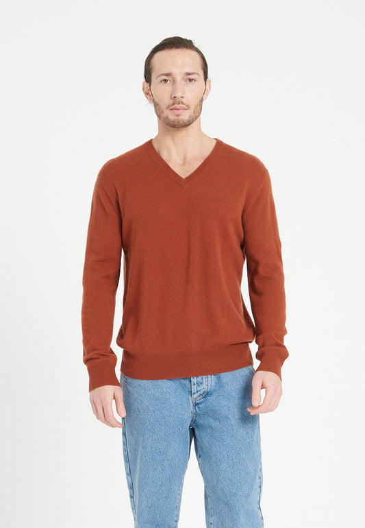 Pull col V homme en cachemire terracotta - LUKE 1
