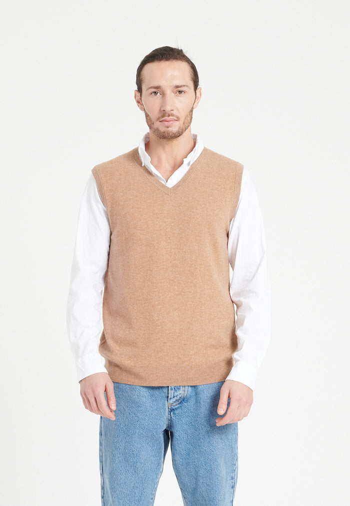 Gilet col V sans manches homme en cachemire camel - LUKE 9