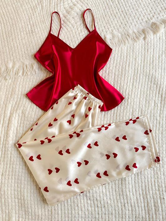 Red Camisole & Heart Print Long Pants Pajama Set