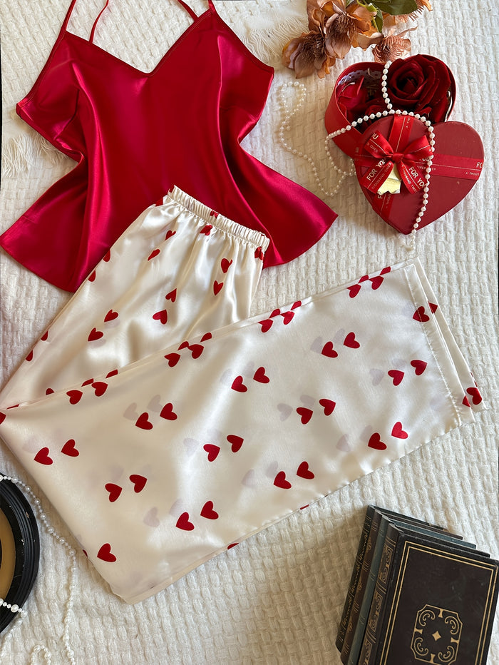 Red Camisole & Heart Print Long Pants Pajama Set