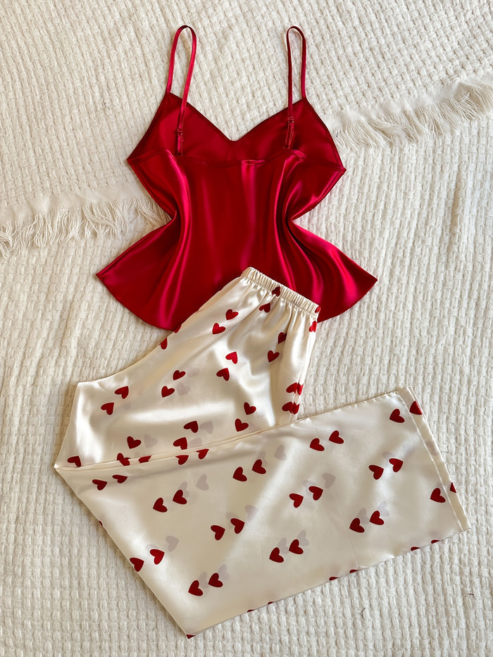 Red Camisole & Heart Print Long Pants Pajama Set
