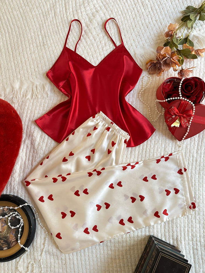 Red Camisole & Heart Print Long Pants Pajama Set