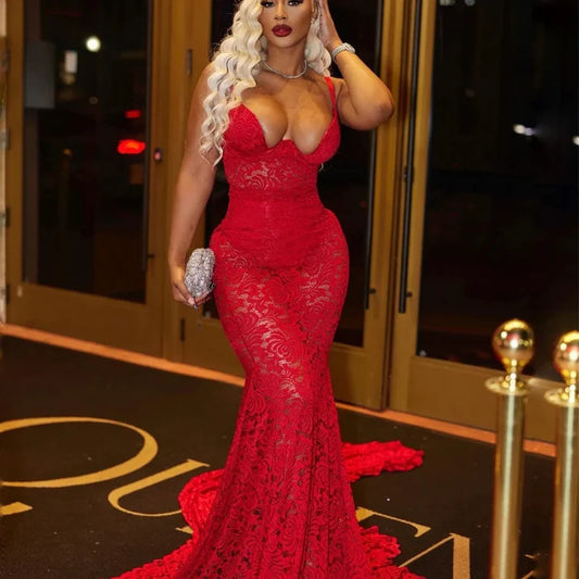 Red Lone Prom Dress Mermaid Party Dresses Evening Gown Customized