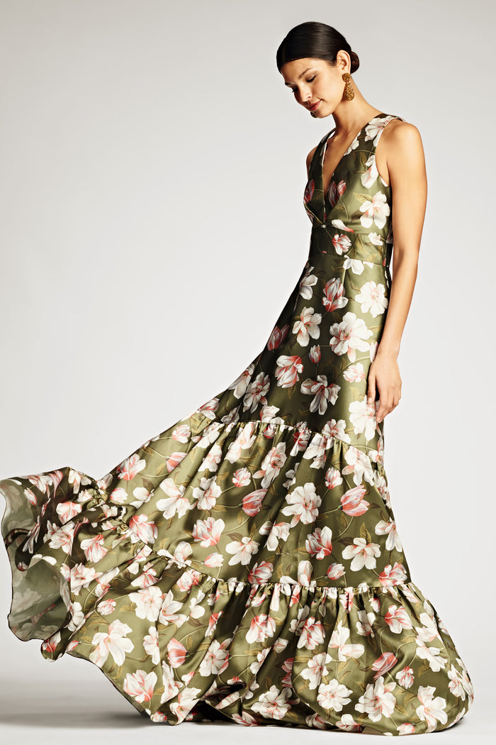 RORI GREEN FLORAL MIKADO V NECK EMPIRE WAIST GOWN