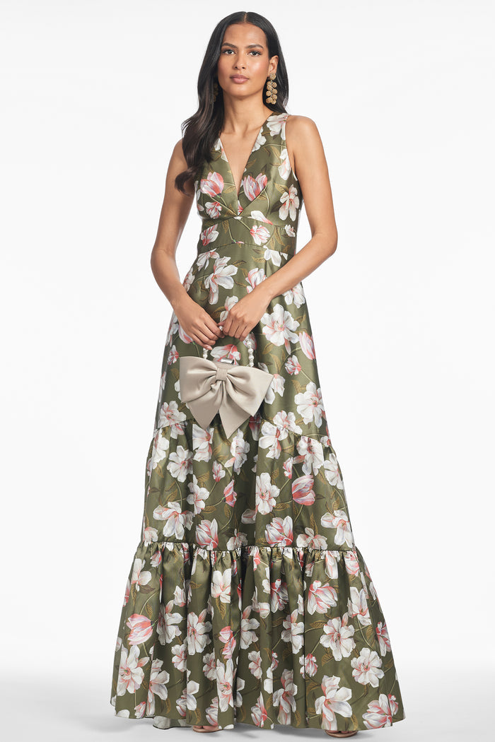 RORI GREEN FLORAL MIKADO V NECK EMPIRE WAIST GOWN