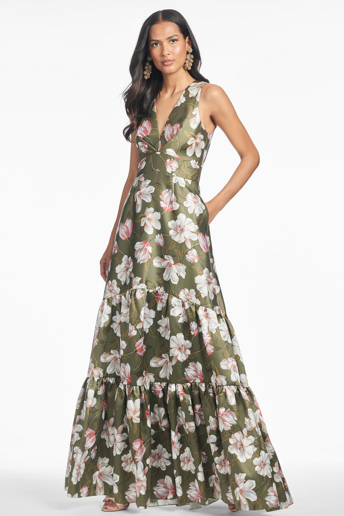 RORI GREEN FLORAL MIKADO V NECK EMPIRE WAIST GOWN