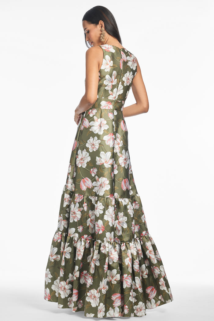 RORI GREEN FLORAL MIKADO V NECK EMPIRE WAIST GOWN