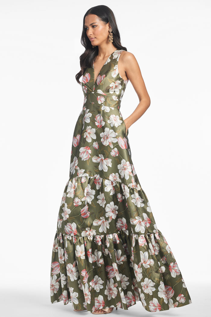 RORI GREEN FLORAL MIKADO V NECK EMPIRE WAIST GOWN