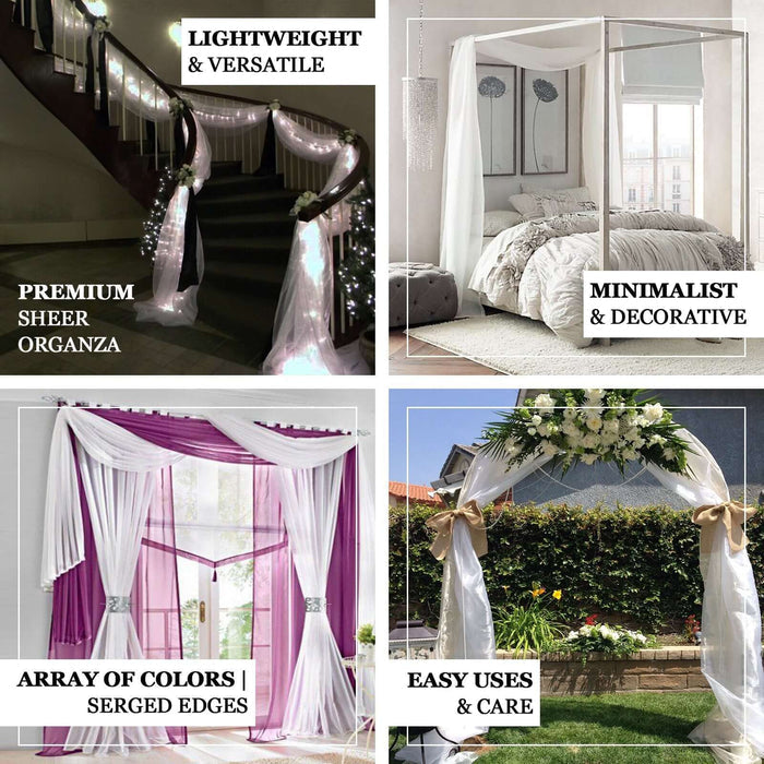 Sheer organza curtains in various styles, colors, and settings for decoration.