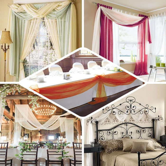 Decorative drapes in various settings: windows, table, and bedroom arrangements.