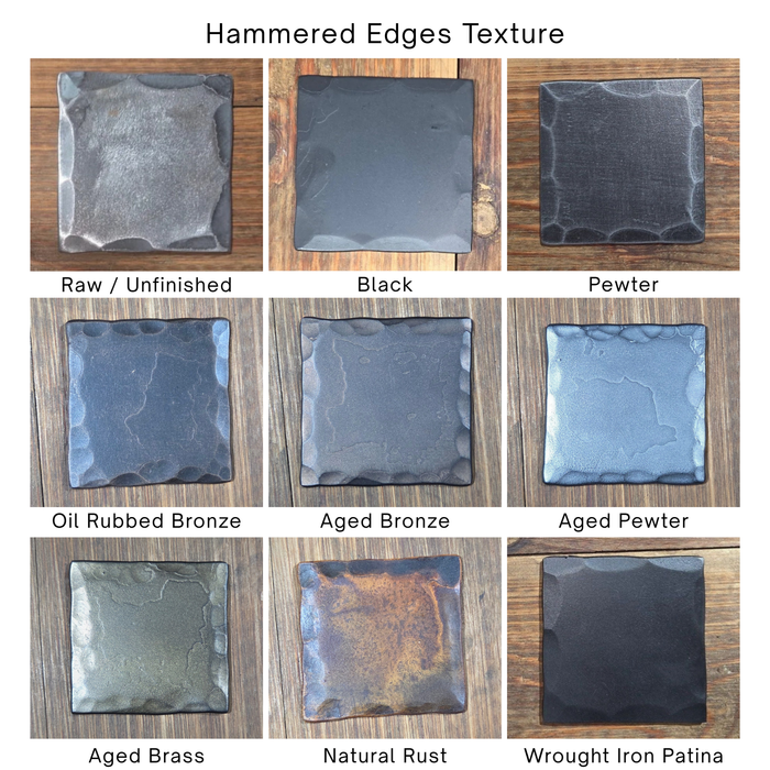 Collection of square tiles with hammered edges in various finishes on a wooden background.