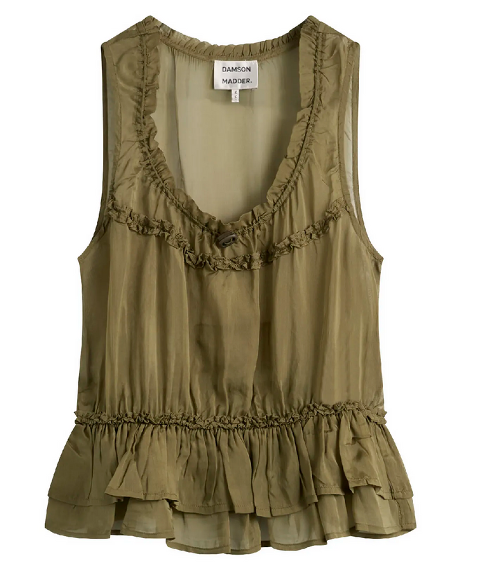 Olive sleeveless top with ruffled details on a white background