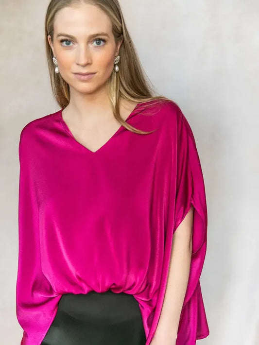 Satin Solid V-Neck Front Waist Elastic Flowy Top
