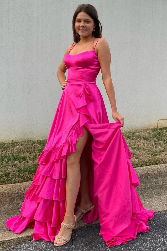 Scoop Neck A Line Lace-Up Ruffle Tiered Red Prom Dress with Slit