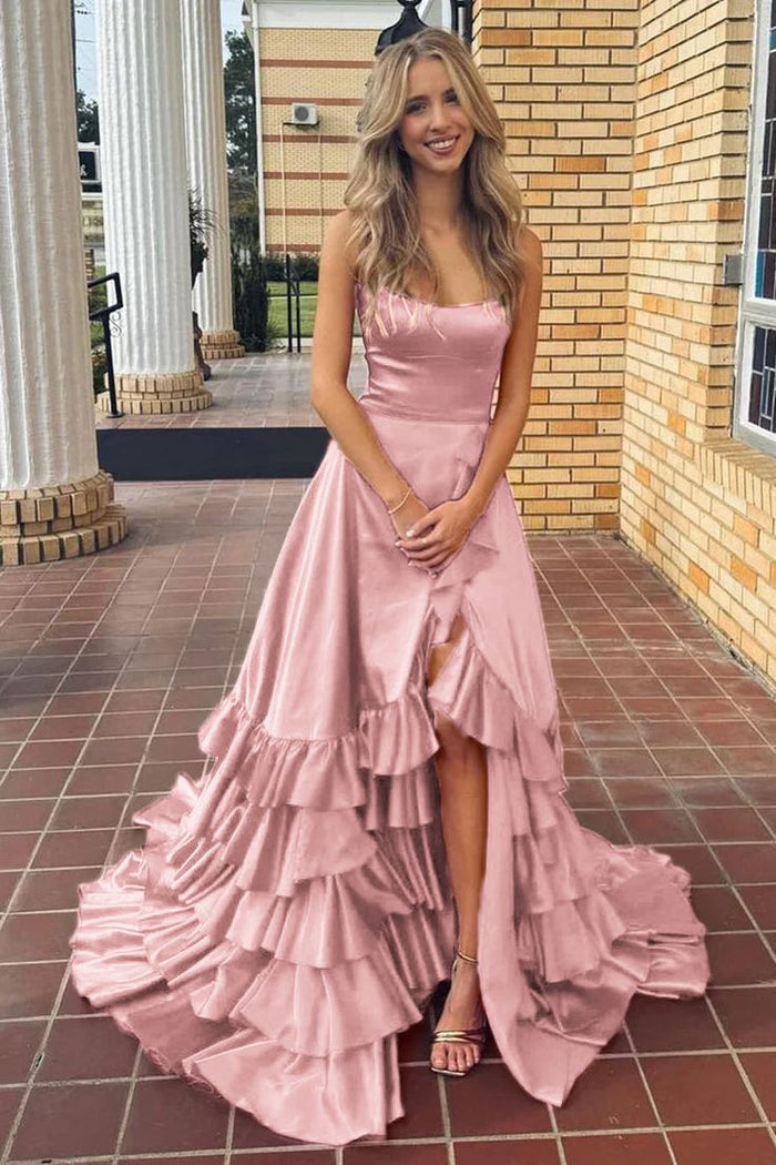 Scoop Neck A Line Lace-Up Ruffle Tiered Red Prom Dress with Slit