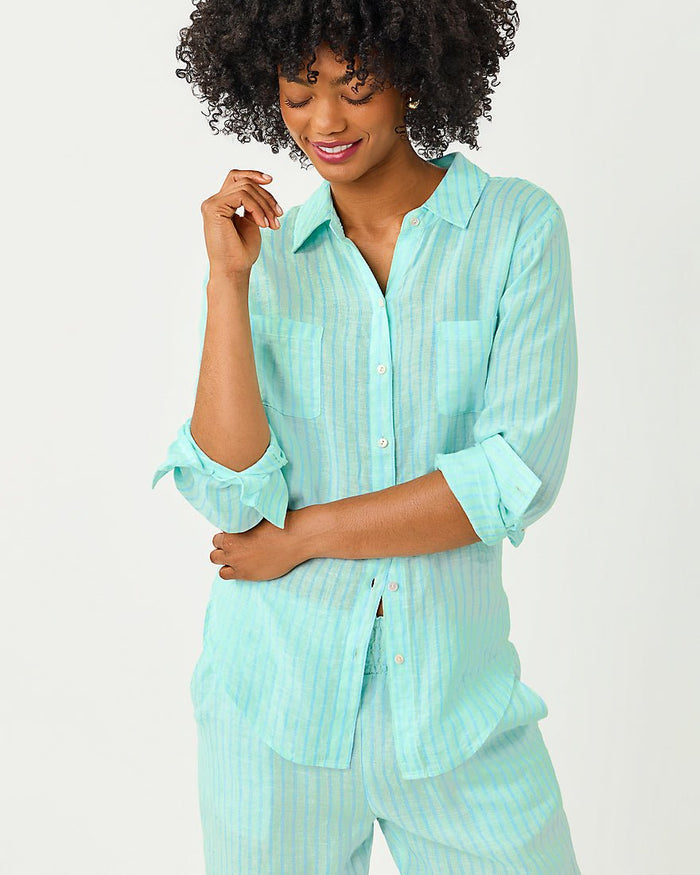 Lilly Pulitzer - Sea View Button Down Top - Mint Condition X Capri Blue Saint Tropez Stripe