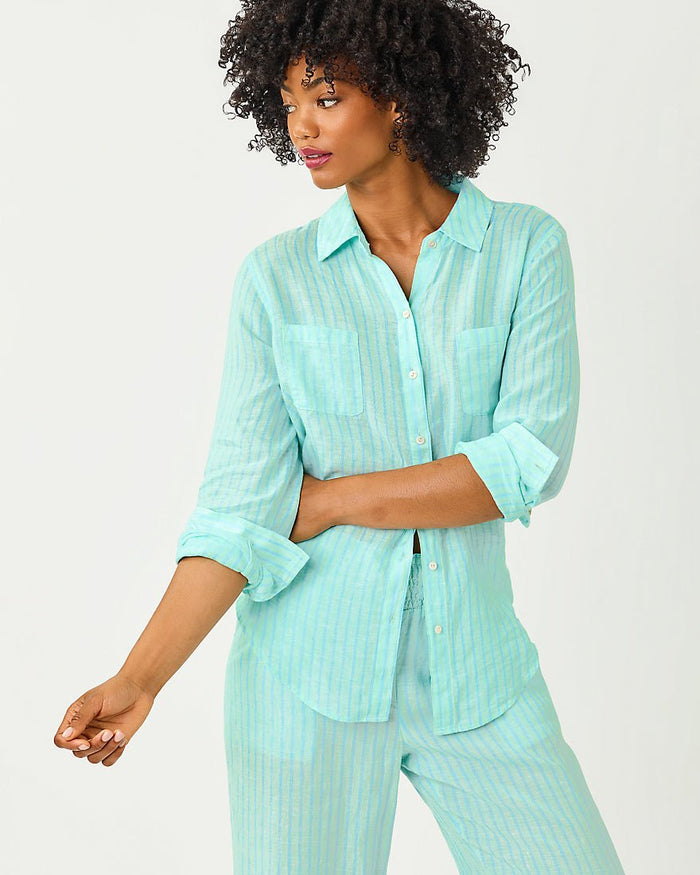 Lilly Pulitzer - Sea View Button Down Top - Mint Condition X Capri Blue Saint Tropez Stripe