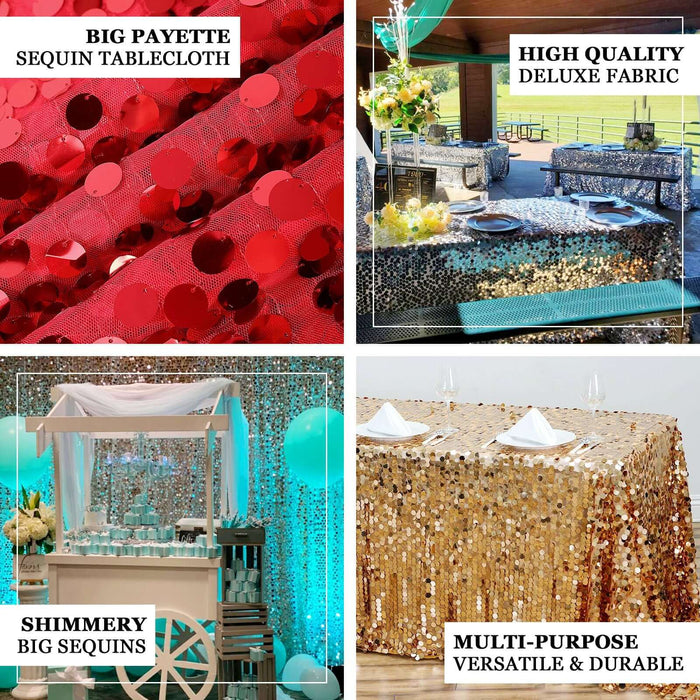 Sequin tablecloths in red, gold, and blue for versatile, stylish decor.