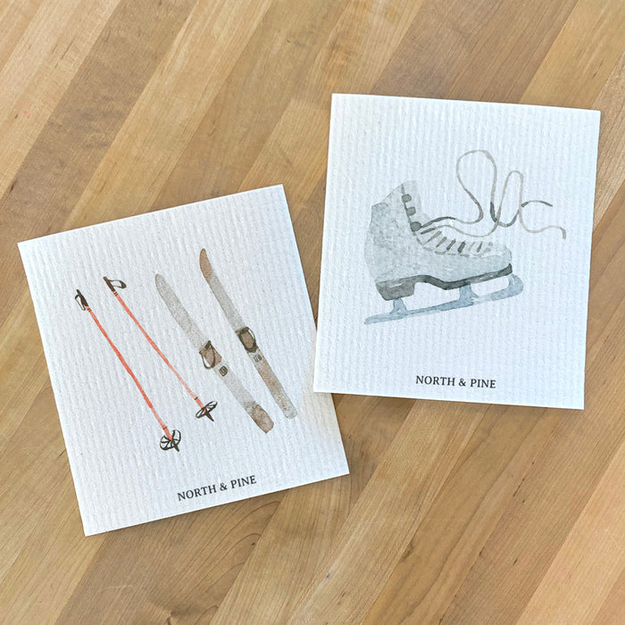 Set of Watercolor Skis and Skate - 2pk Swedish Dish Cloth