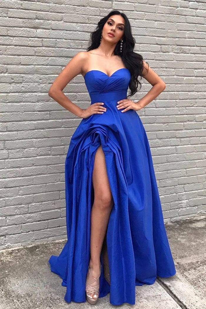 Sexy A-Line Empire-Waist Strapless Royal Blue Long Formal Prom Dress with Slit