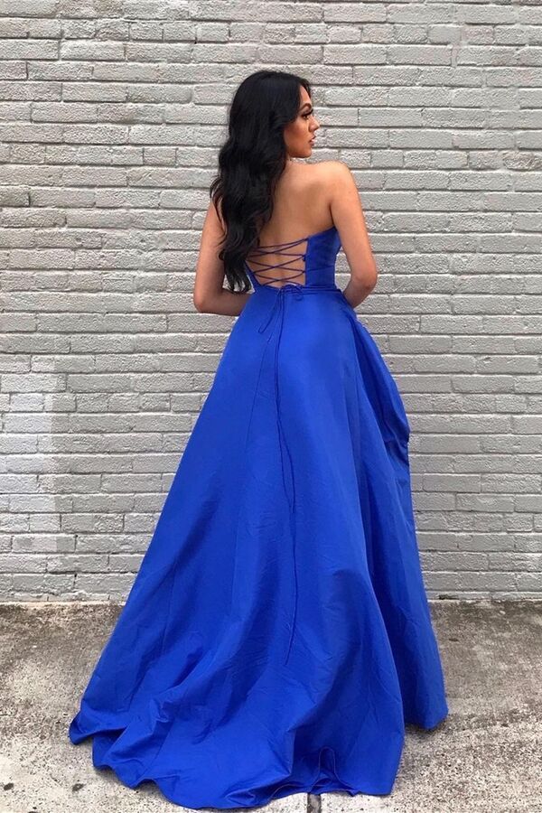 Sexy A-Line Empire-Waist Strapless Royal Blue Long Formal Prom Dress with Slit