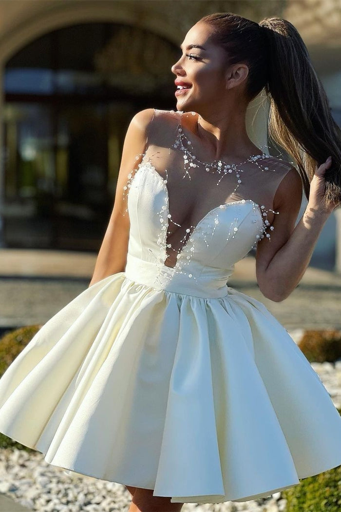 Sexy Ivory A-line Satin Party Dress with Pearls