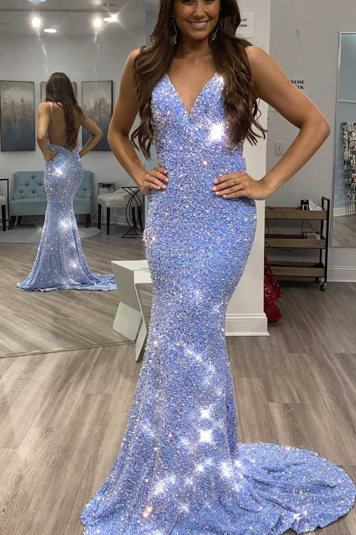 Shiny Blue V-Neck Sequins Mermaid Sleeveless Long Formal Prom Dress